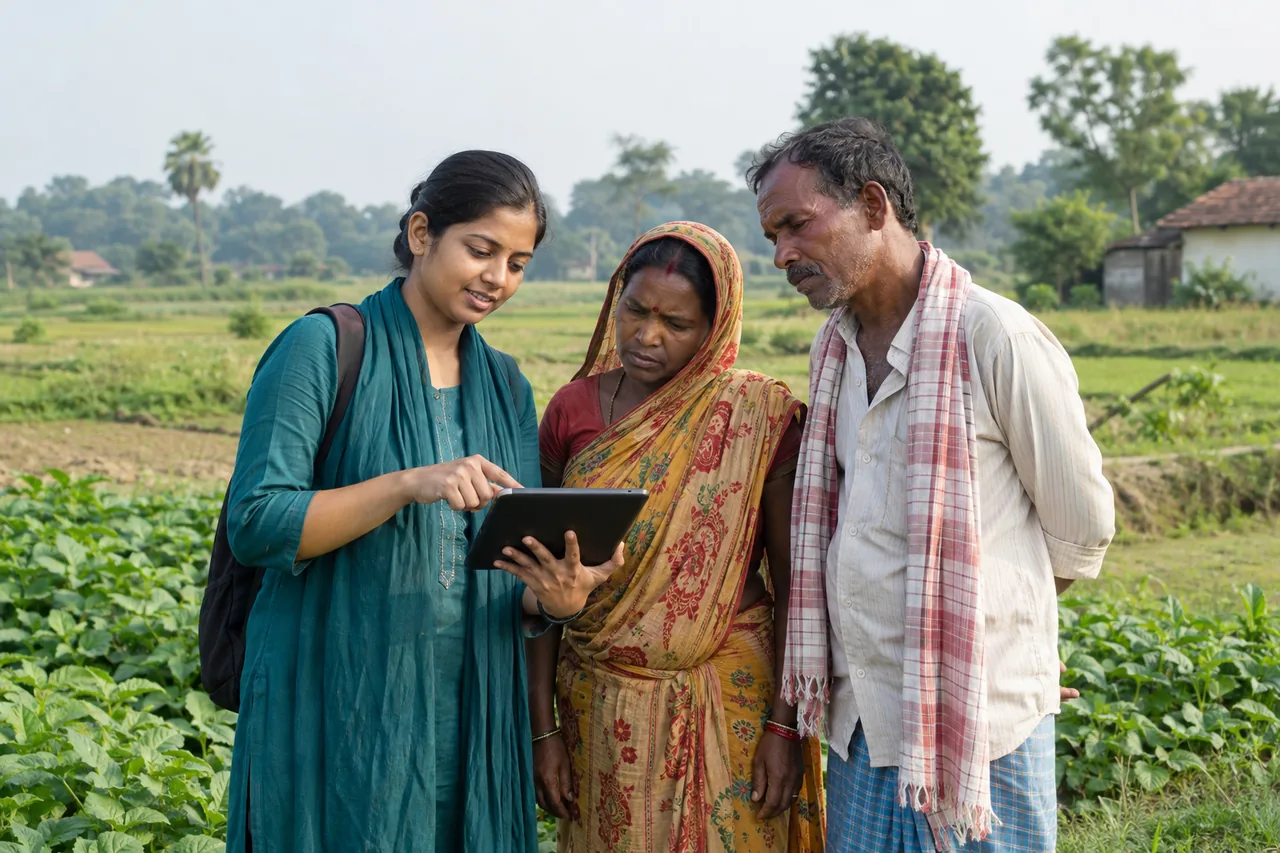 An agricultural field worker and two farmers reviewing a tablet beside a cultivated field